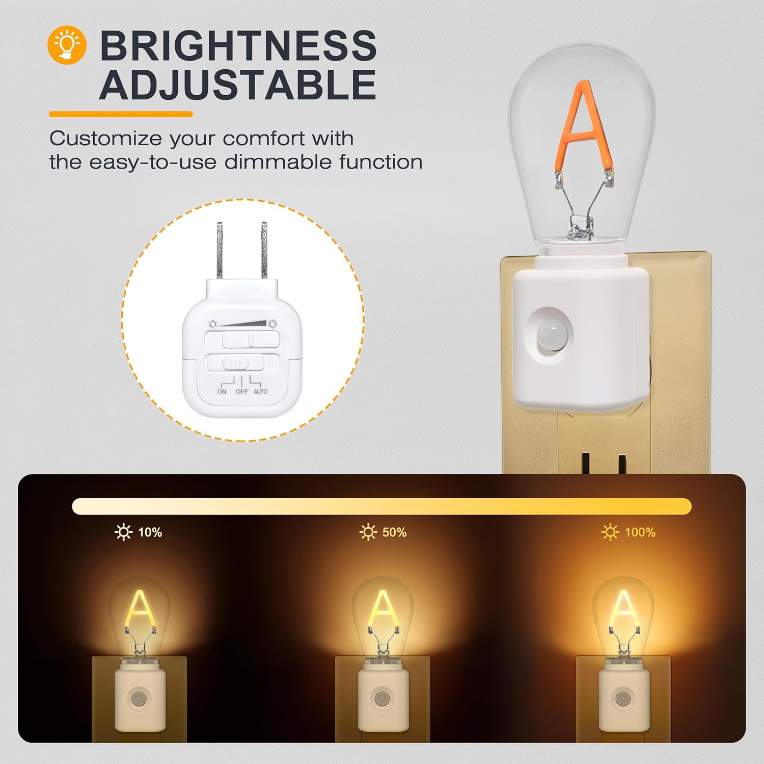 Plug-in LED Night Light with Motion Sensor, Dimmable 2200K Warm, A-Type Nightlight with Adjustable Brightness, 2-Pack