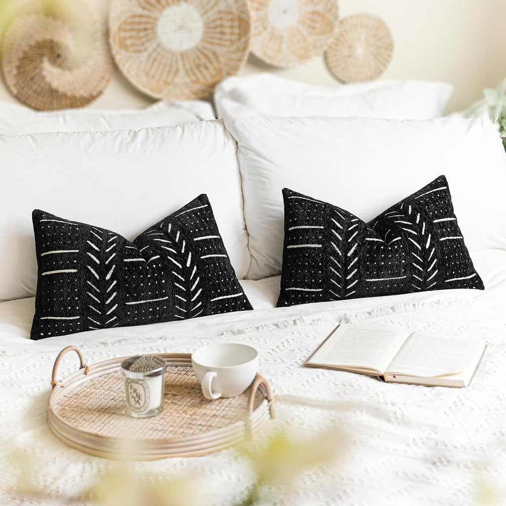BlissBlush Black Decorative Lumbar Throw Pillow Covers 12X20, Set of 2, Boho Farmhouse Cushion Cover, Soft Accent Pillowcase for Couch…