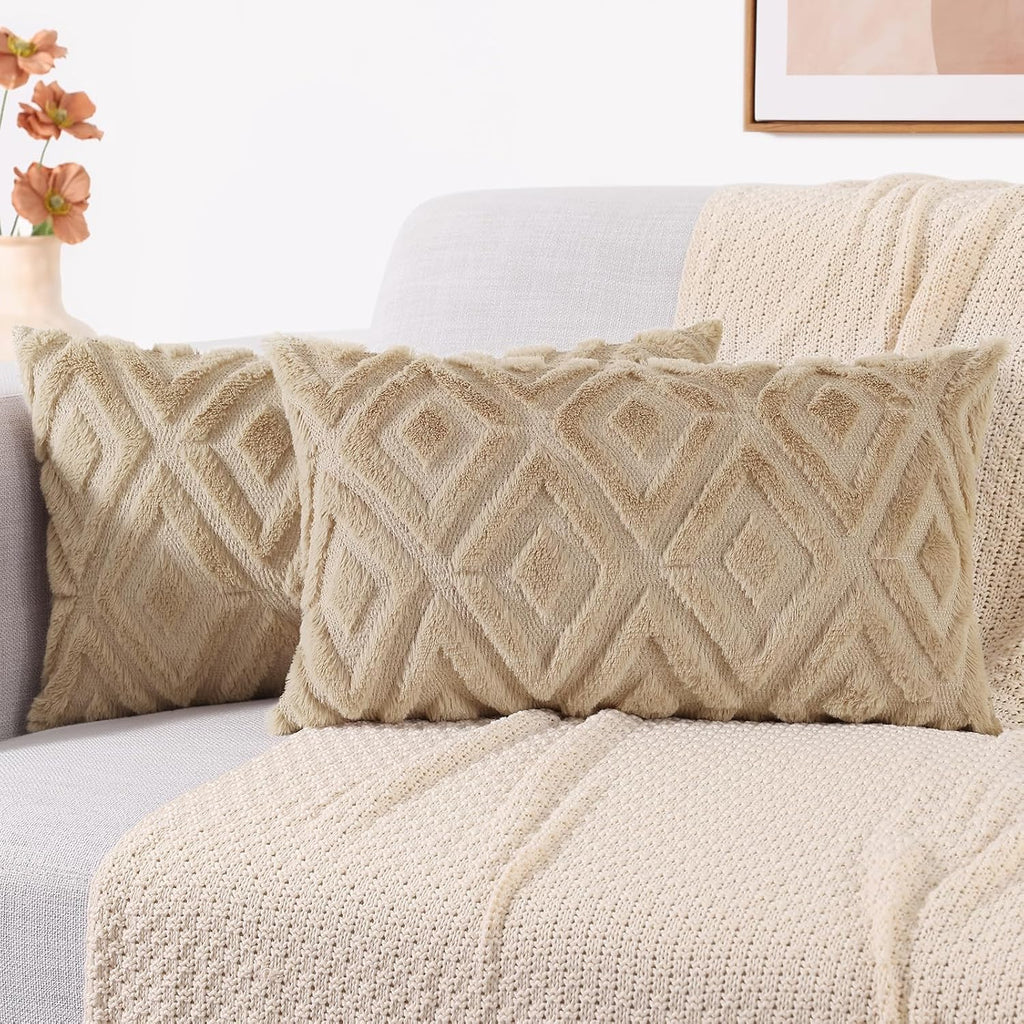 decorUhome Summer Couch Throw Pillow Covers 12x20 Set of 2, Decorative Soft Plush Faux Fur Wool Lumbar Accent Pillow Covers for Modern Farm…