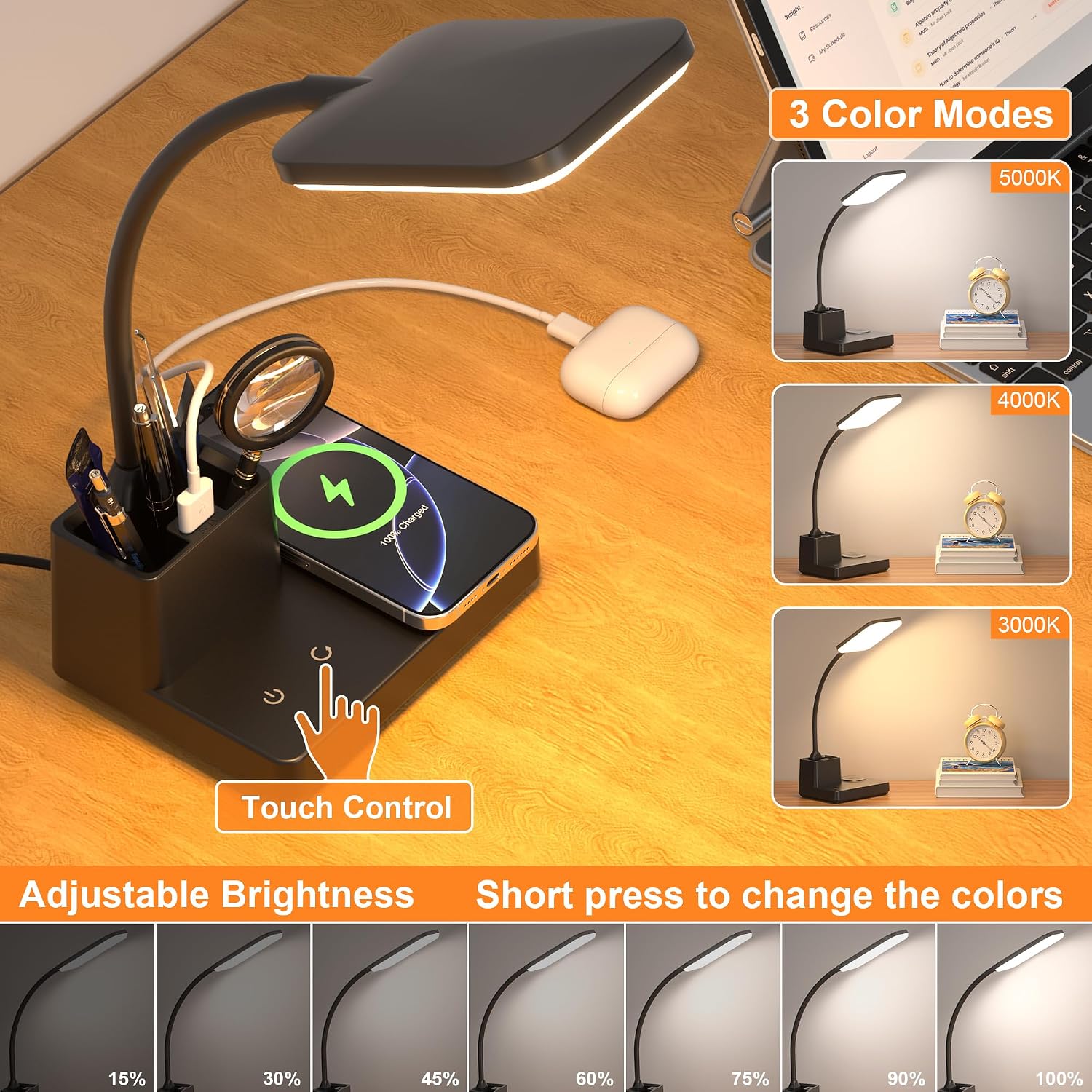 Desk Lamp, Table Lamp with Wireless Charger & USB Port, 800LM CRI95 3 Color Modes Dimmable Touch Flexible Arm Pen Holder, LED Desk Lamps…