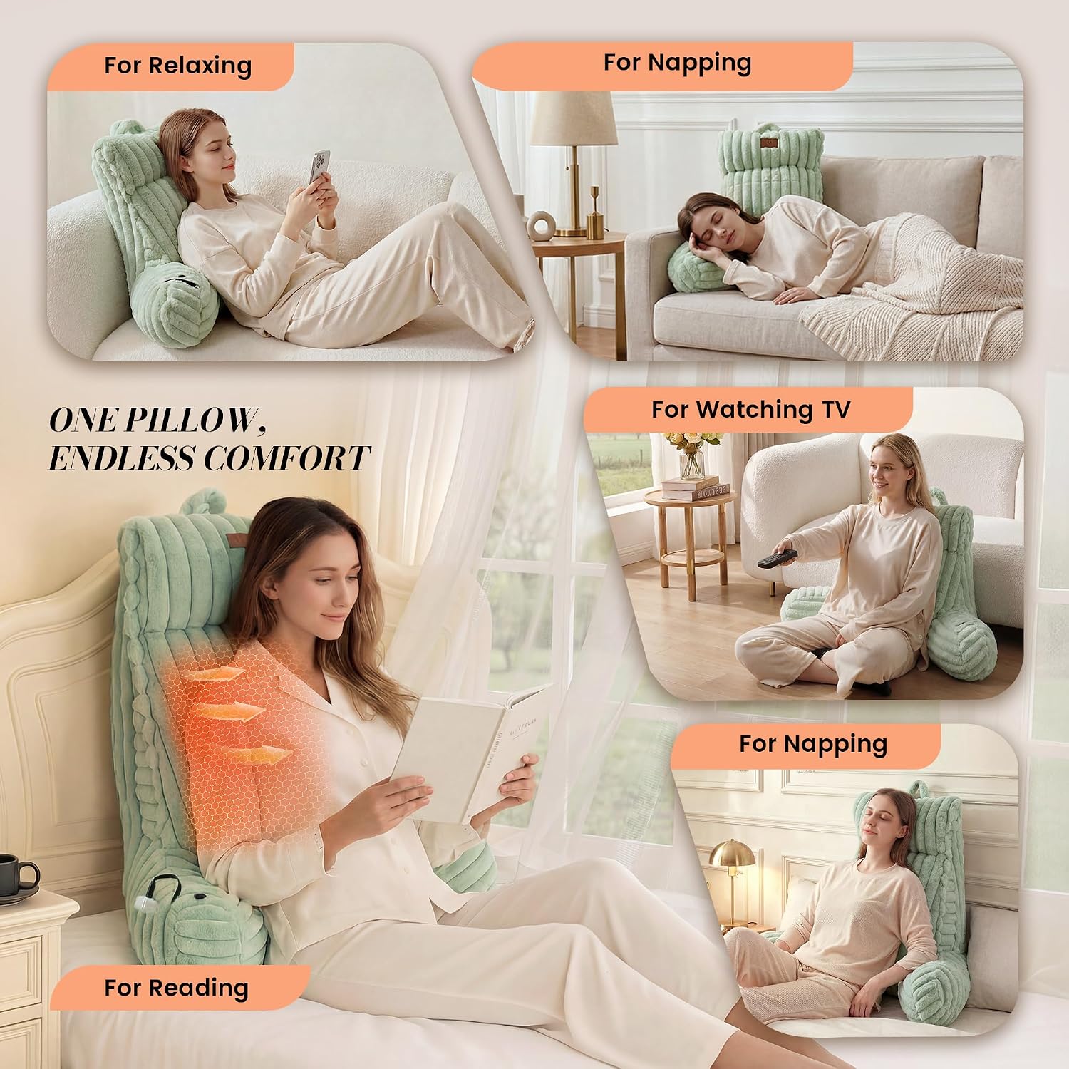 Amélie Home Heated Faux Fur Reading Pillow 3 Temperature Backrest for Sitting in Bed Support Cushion, USB-Powered(No Power Bank Included)…