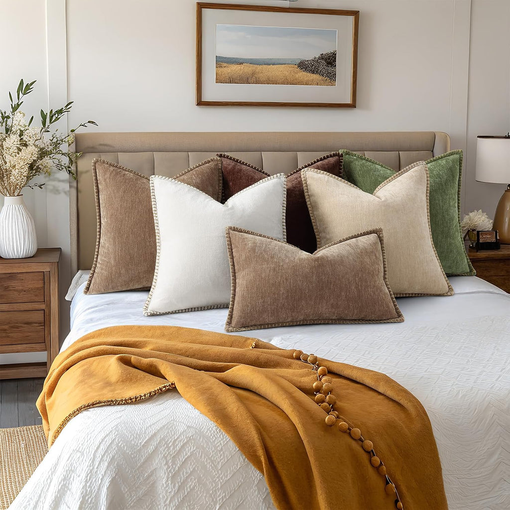 decorUhome Chenille Soft Cozy Throw Pillow Covers 18x18 Set of 2, Modern Farmhouse Boho Velvet Decorative Pillow Cases with Stitched Edge f…