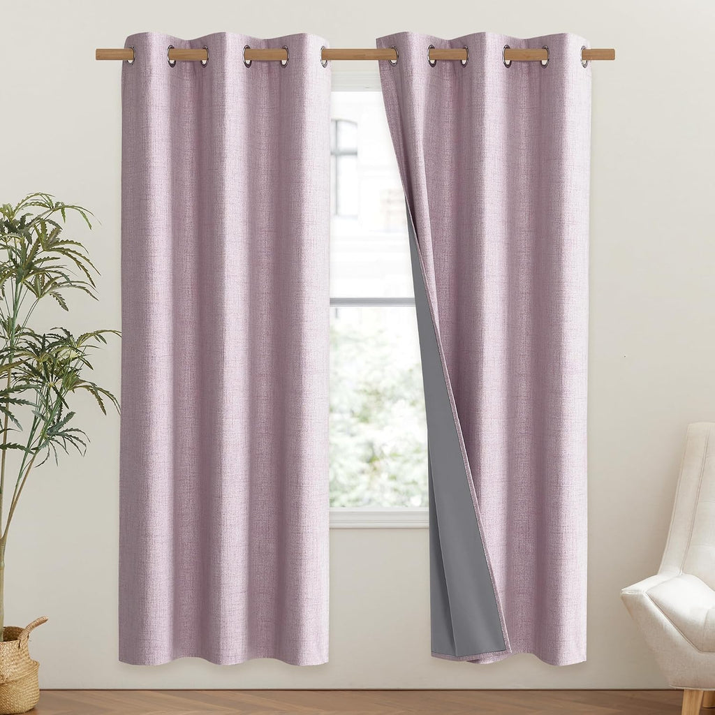 NICETOWN Pink Vintage Linen 100% Blackout Curtains for Classroom, Thermal Insulated Curtains 72" Long, Noise Reducing Window Treatment…