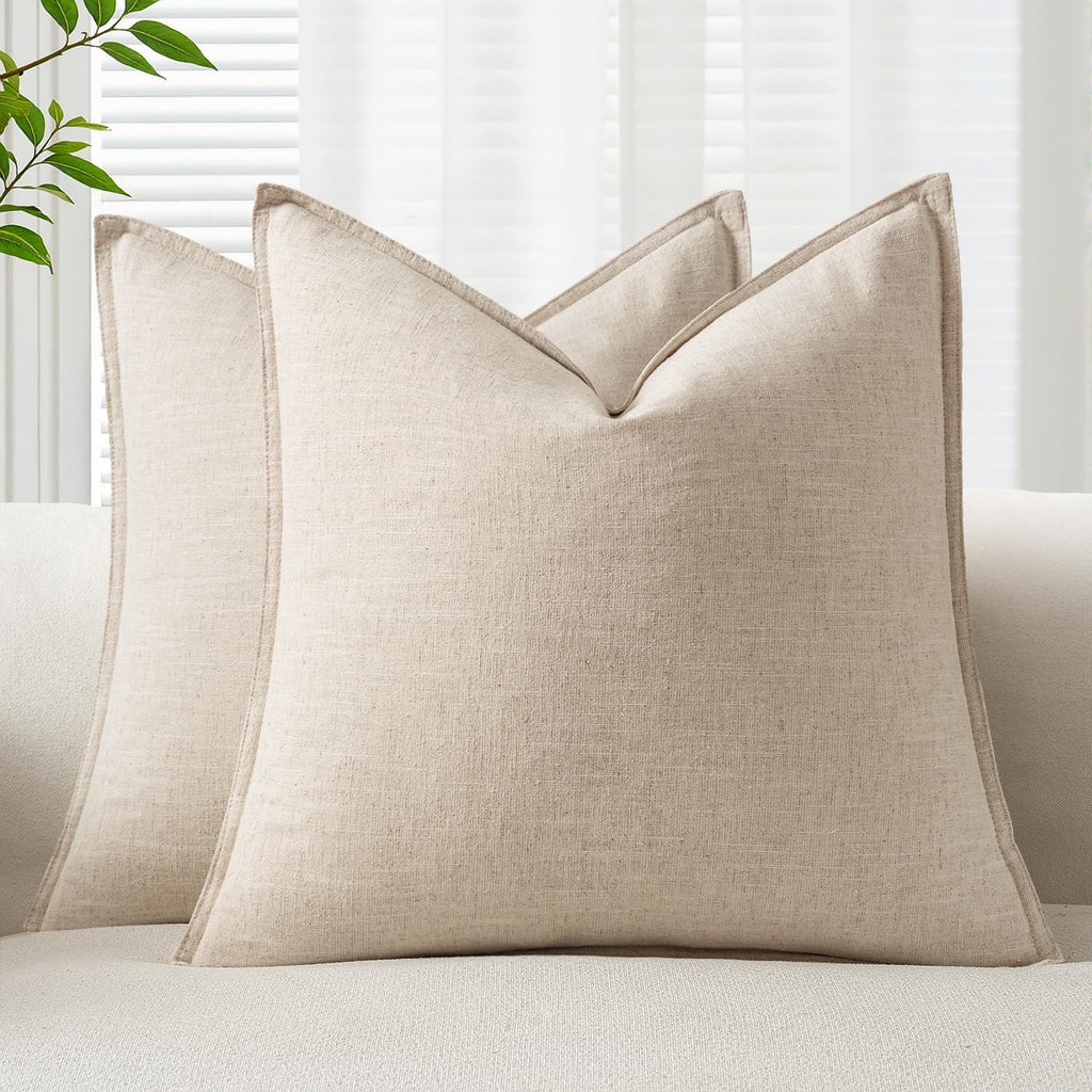 EMEMA Decorative Linen Throw Pillow Covers 22x22 Inch Natural Beige Boho Farmhouse Neutral Couch Throw Pillows for Bed Pack of 2 Accent…