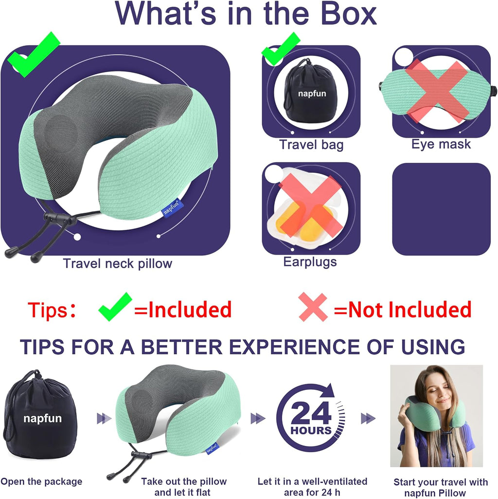 napfun Neck Pillow for Traveling, Upgraded Travel Neck Pillow for Airplane 100% Pure Memory Foam Travel Pillow for Flight Headrest Sleep…