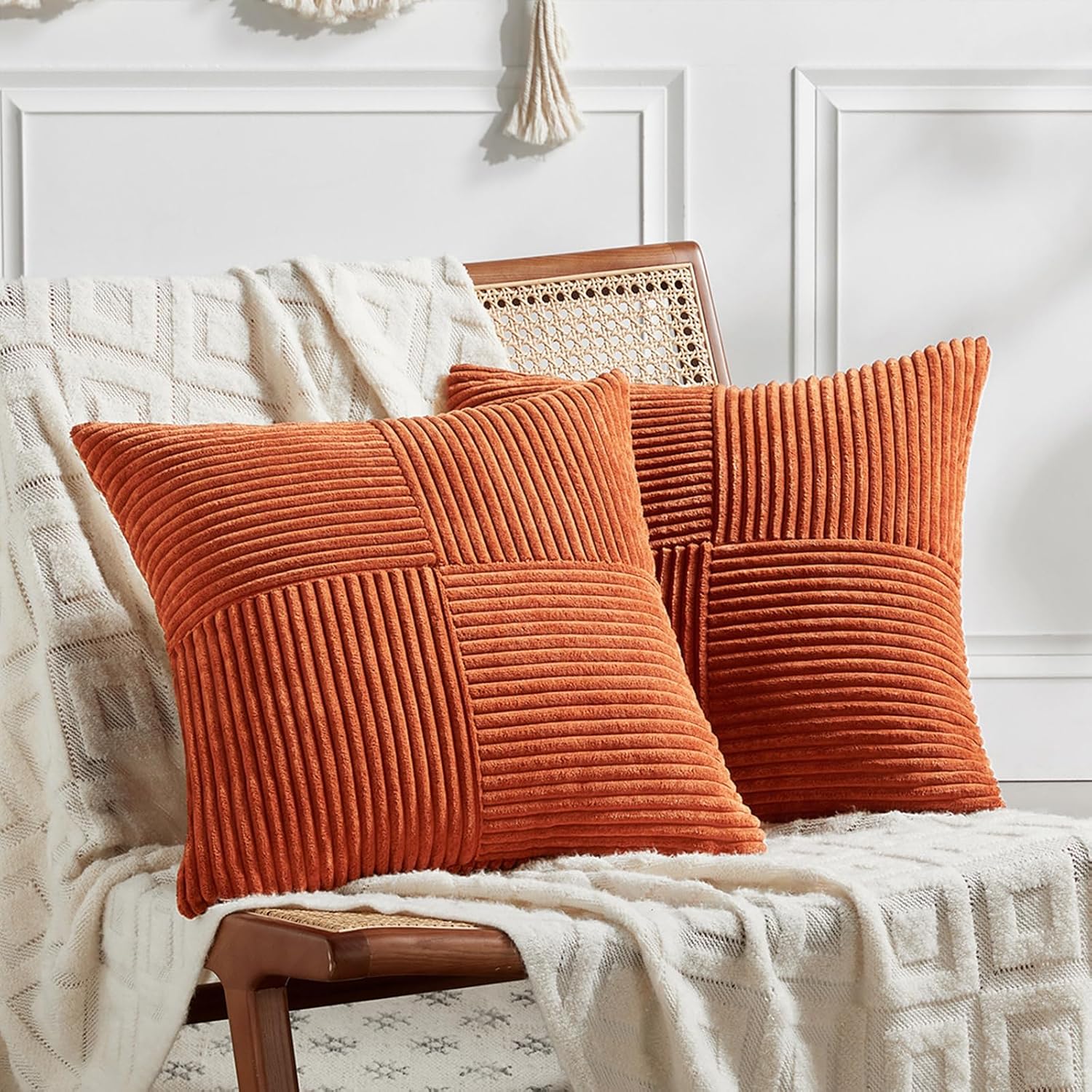 Fancy Homi Set of 2 Burnt Orange Decorative Throw Pillow Covers 16x16 Inch for Living Room Couch Bed, Boho Farmhouse Fall Home Decor…