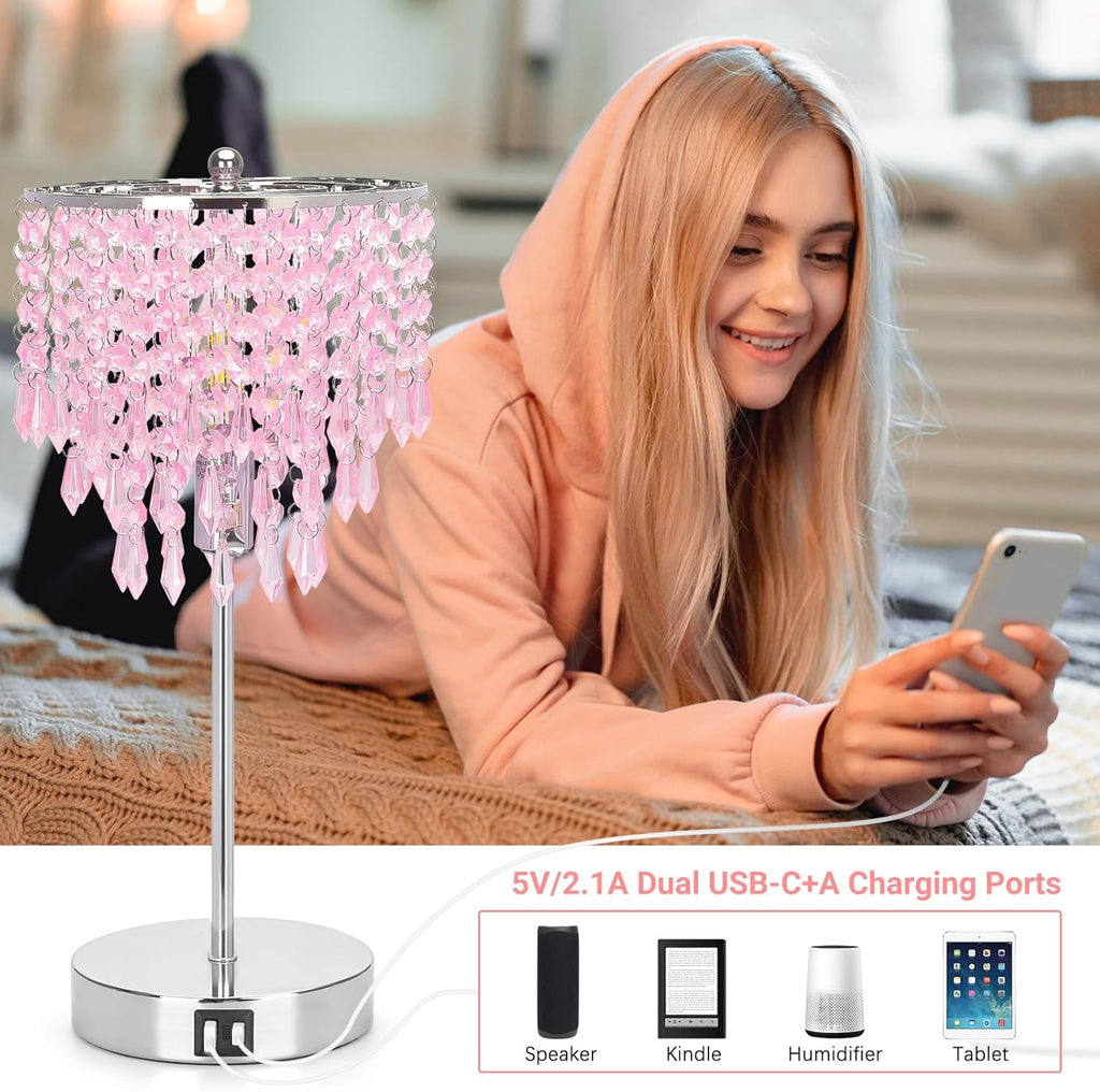 Crystal Touch Control Table Lamp with Dual USB Charging Ports, 3 Way Dimmable Bedside Lamp with Pink Shade, Decorative Nightstand Lamp…