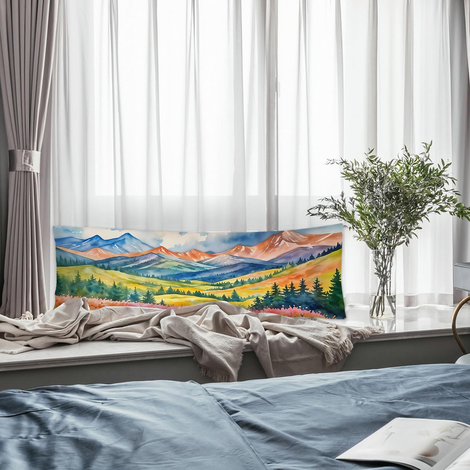 Maximalist Mountain Floral Body Pillow Covers 20x54, Mountain Home Decor, Colorful Abstract Nature Scenic Wildflower Long Body Pillow…