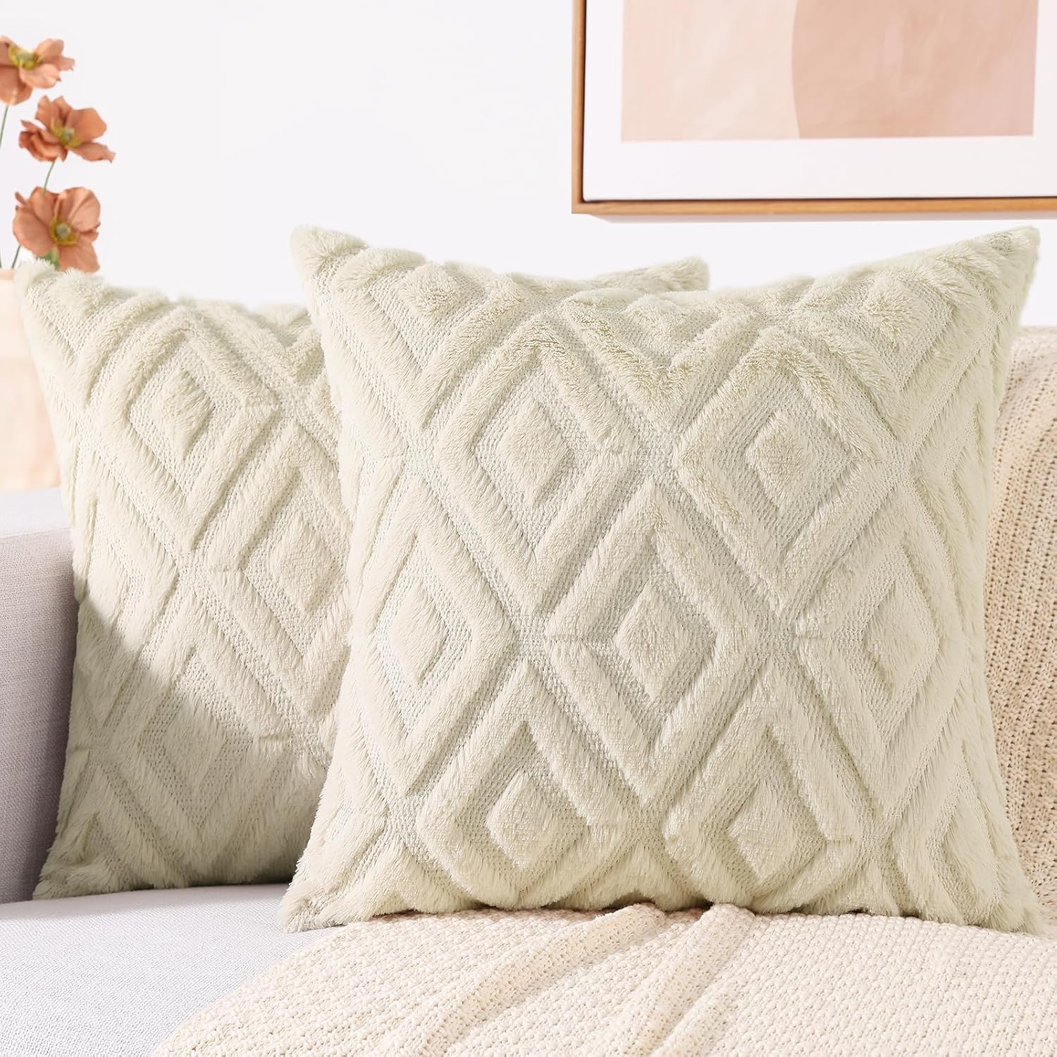 decorUhome Summer Couch Throw Pillow Covers 20x20 Set of 2, Decorative Soft Plush Faux Fur Wool Accent Pillow Covers for Modern Farmhouse B…