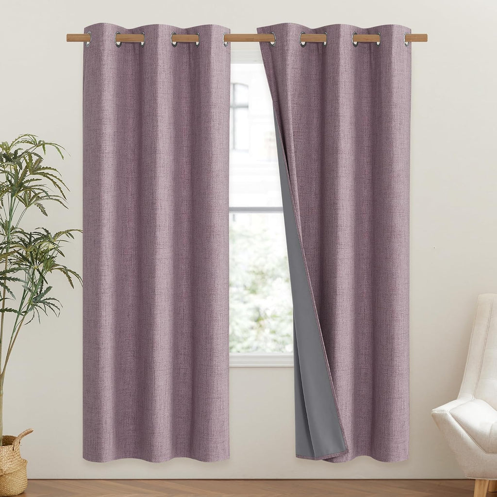 NICETOWN Chaise Mauve Vintage Linen 100% Blackout Curtains for Classroom, Thermal Insulated Curtains 72" Long, Noise Reducing Window…