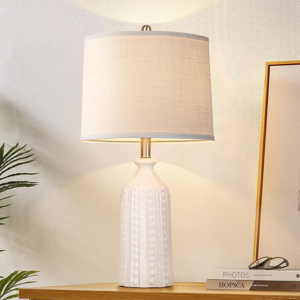 JUNNAI White Ceramic Table Lamp 24.5": 3-Way Dimmable Bedside Lamp with White Drum Slub Shade, Modern Nightstand Lamp for Bedroom &…