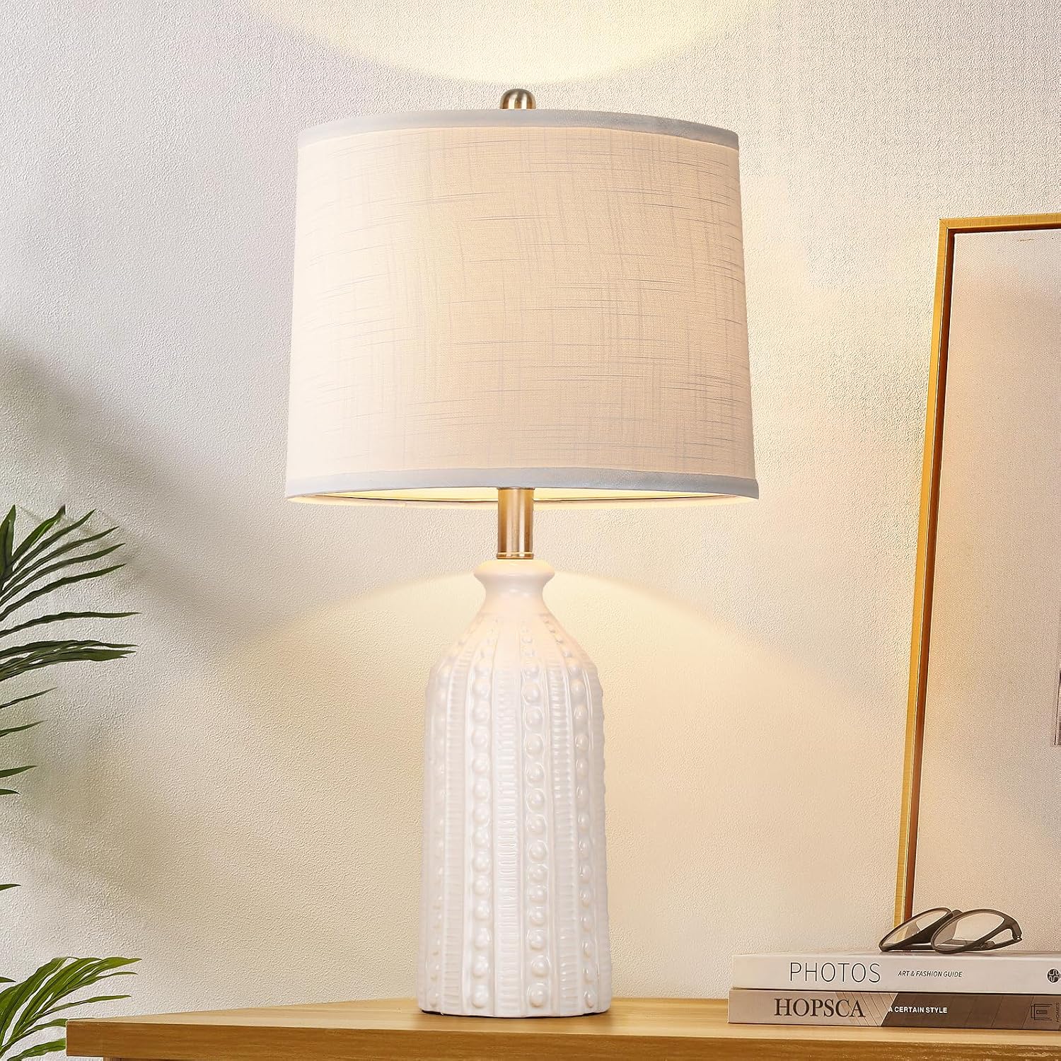 JUNNAI White Ceramic Table Lamp 24.5": 3-Way Dimmable Bedside Lamp with White Drum Slub Shade, Modern Nightstand Lamp for Bedroom &…