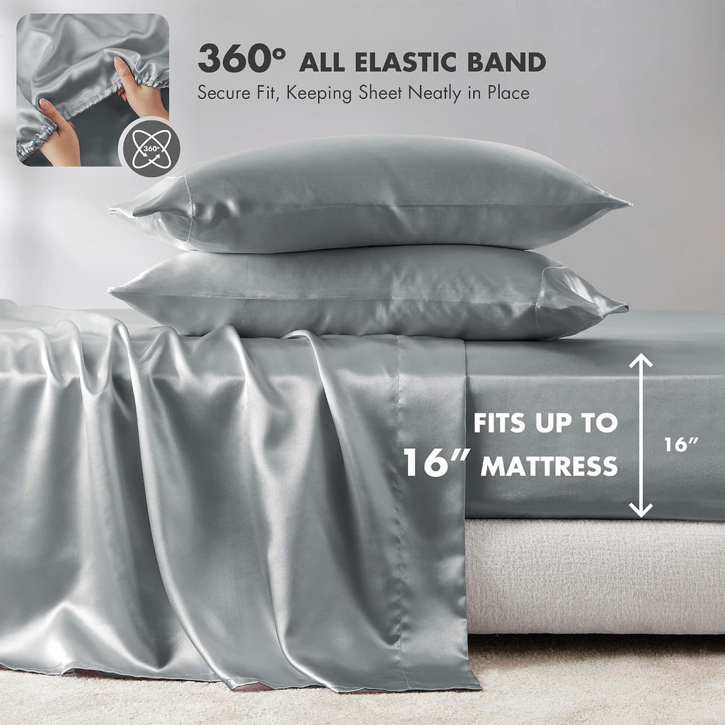 Madison Park Essentials Satin Sheet Set Luxury and Silky with Natural Sheen, Elastic 14" Pocket fits up to 16" Mattress, All Around…