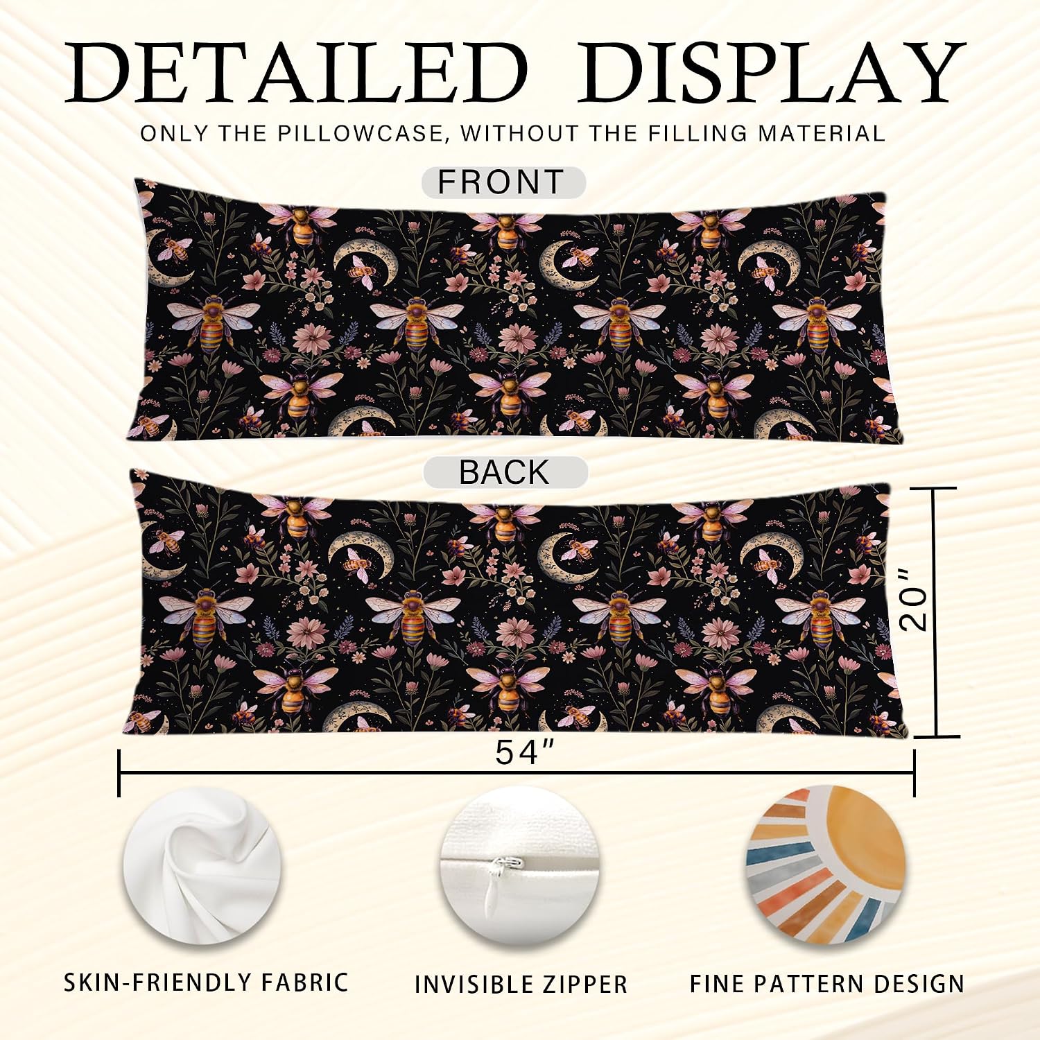 Vintage Moody Dark Floral Bumble Bee Moon Body Pillow Cover 20x54, Dark Academia Cottagecore Gothic Witchy Bee Long Body Pillow Case…
