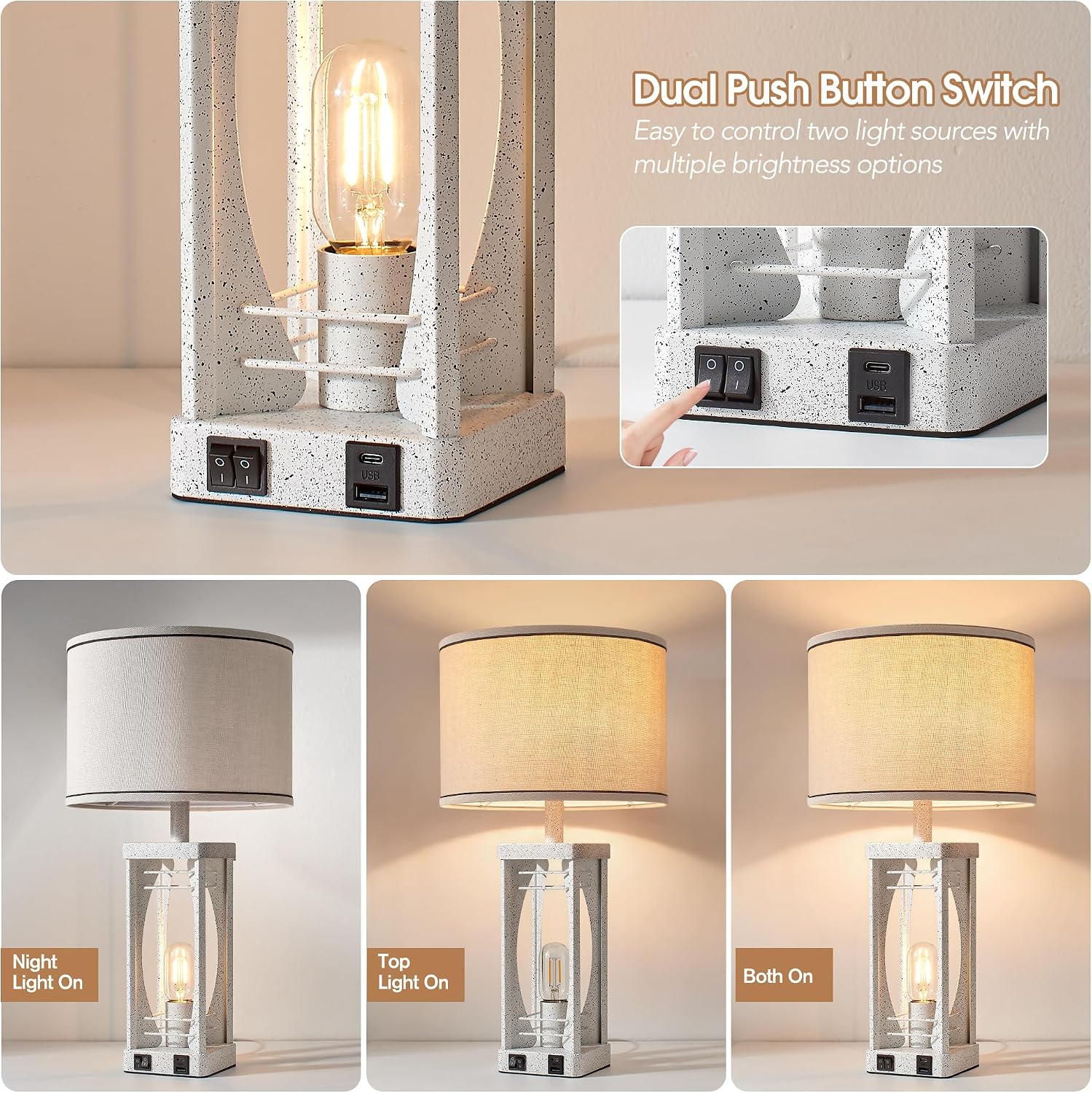 SRJJA Farmhouse Table Lamps Set of 2 for Living Room, Modern Industrial Bedside Lamps with USB A+C Charging Ports, 22.5" Dual Light…