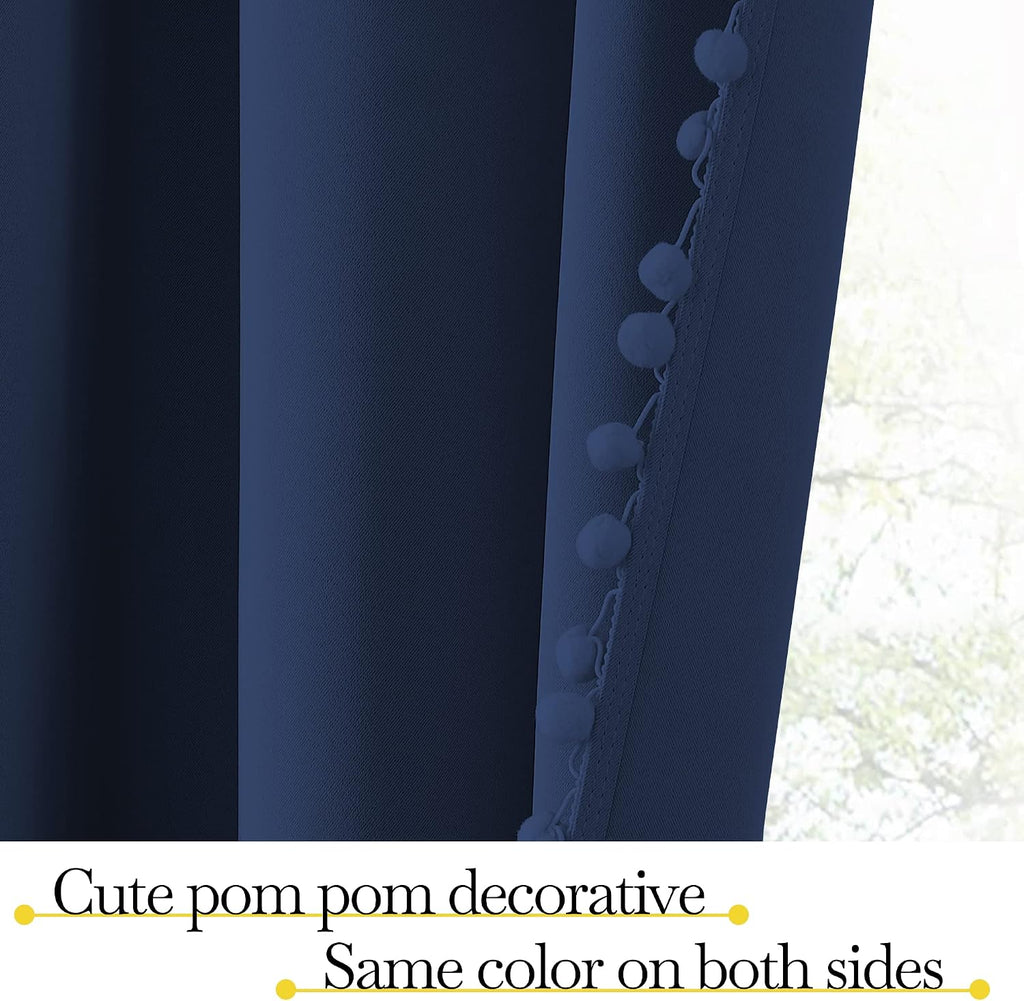 NICETOWN Navy Blue Blackout Curtains with Pompoms, Farmhouse Solid Privacy Window Curtains & Drapes Rod Pocket Curtain Shades for Living…