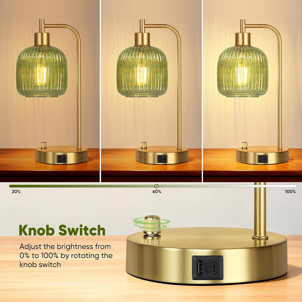 QiMH Industrial Table Lamp for Bedroom Set of 2, Green Glass Beside Lamp with USB A&C Ports, Stepless Dimmable Gold Lamps, Nightstand…