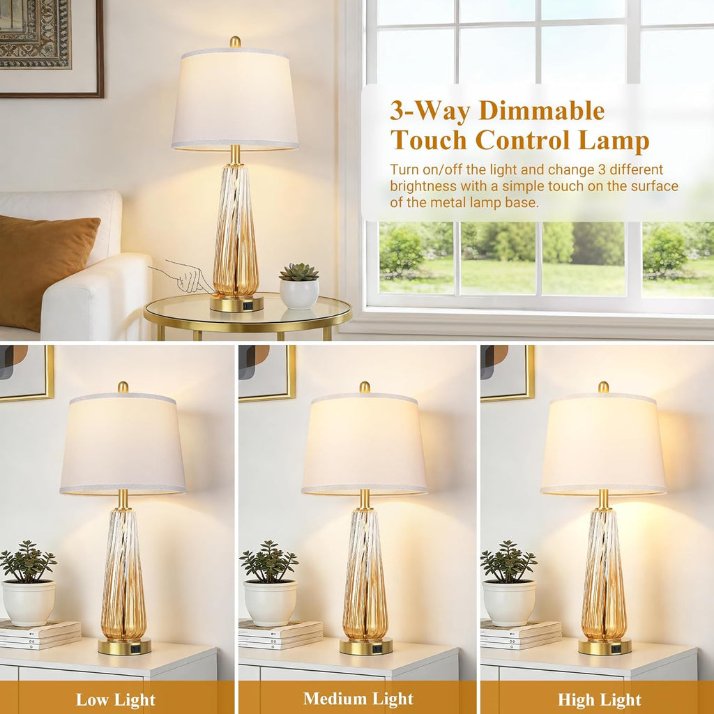 Glass Table Lamps Set of 2, Modern Bedside Lamps for Bedrooms with 3-Way Dimmable Touch Control Nightstand Lamp with White Lampshade USB…