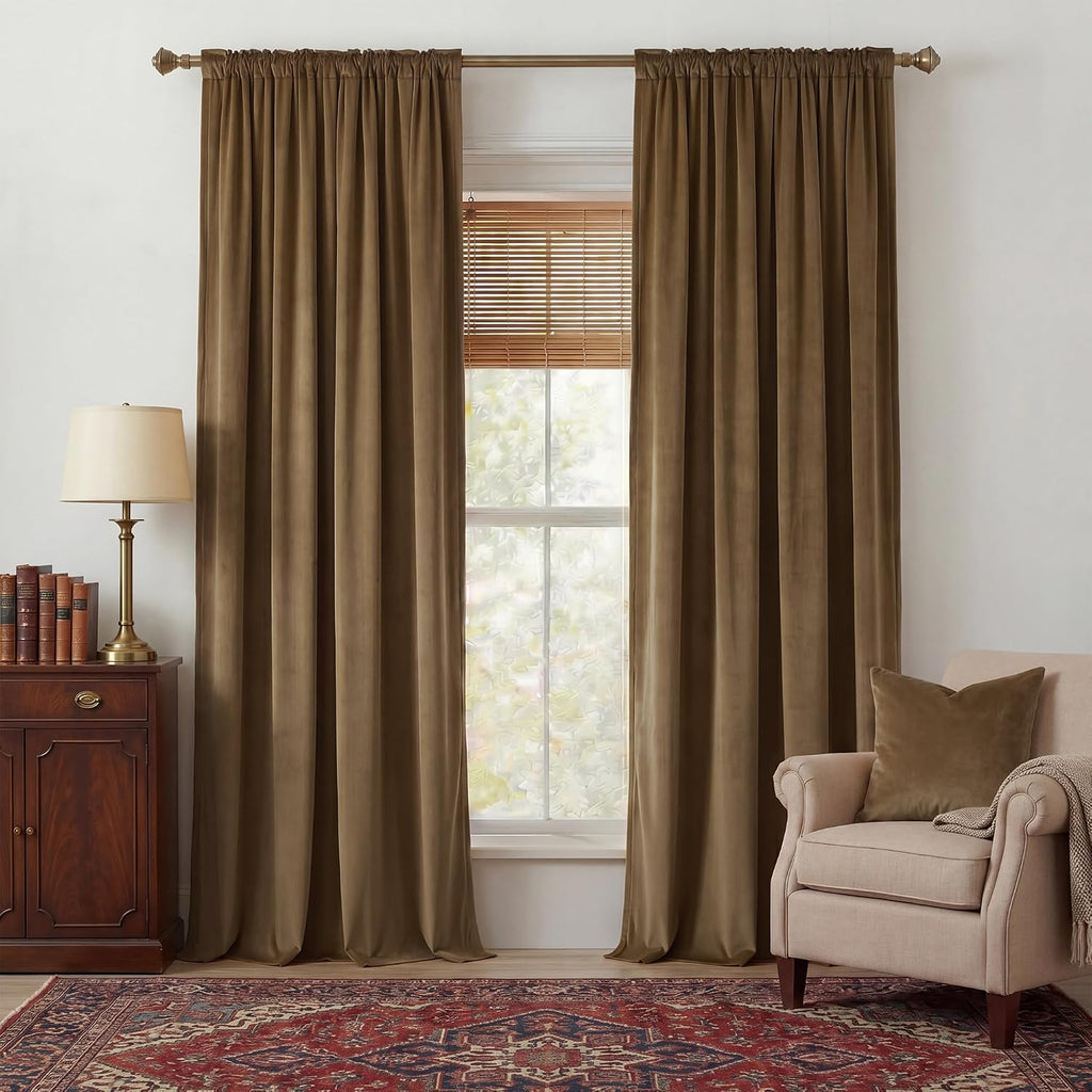 Nicetown Blackout Brown Velvet Curtains for Bedroom, Rod Pocket & Back Tab Room Darkening Luxury Window Treatments Soft Thermal Drapes for…