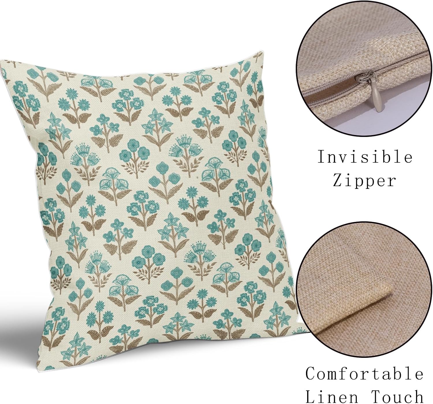 Brown Cyan Floral Pillow Covers 22x22 Inch Set of 2, Vintage Flower Block Print Pattern Decorative Throw Pillowcases Outdoor Farmhouse…