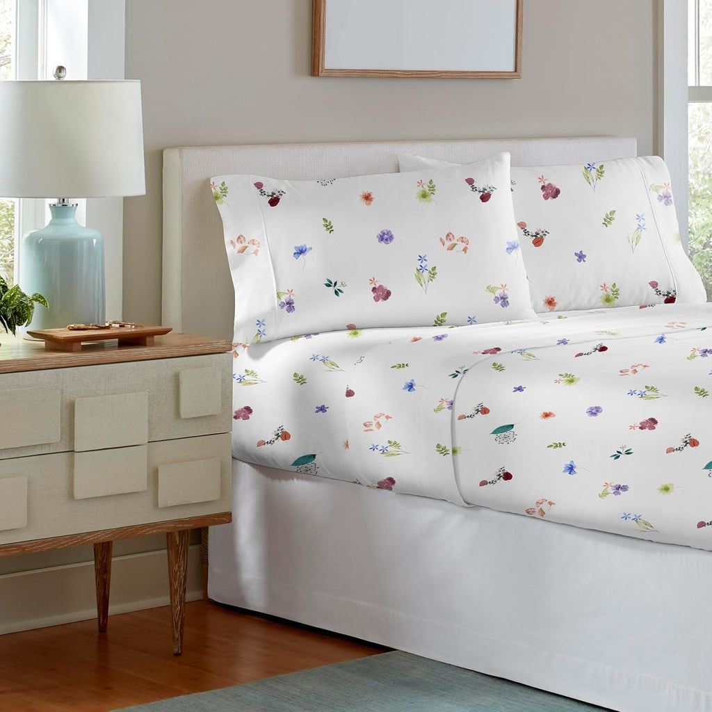 Pointehaven Floral Garden Printed Cotton Percale 3 pc Sheet Set, Twin