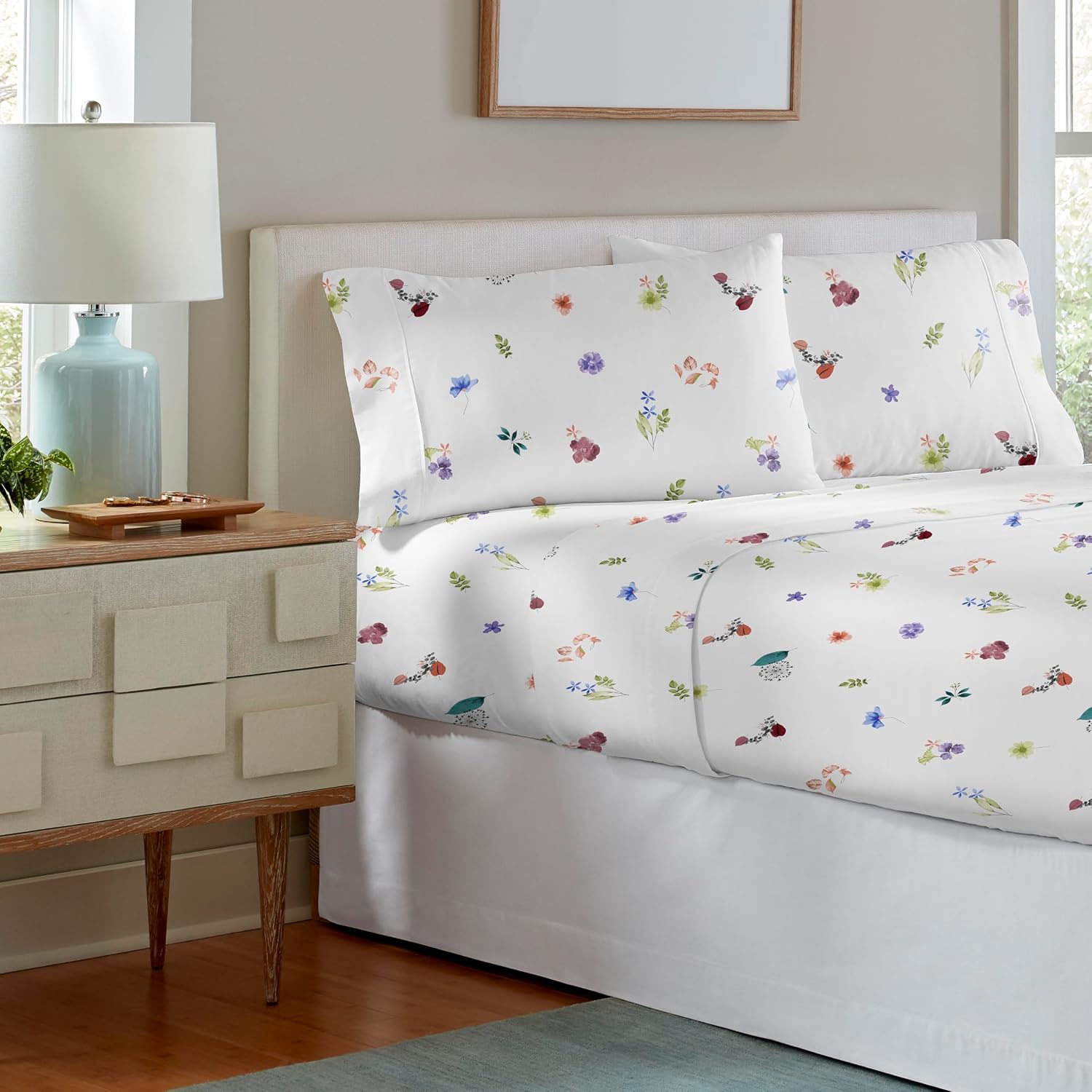 Pointehaven Floral Garden Printed Cotton Percale 3 pc Sheet Set, Twin