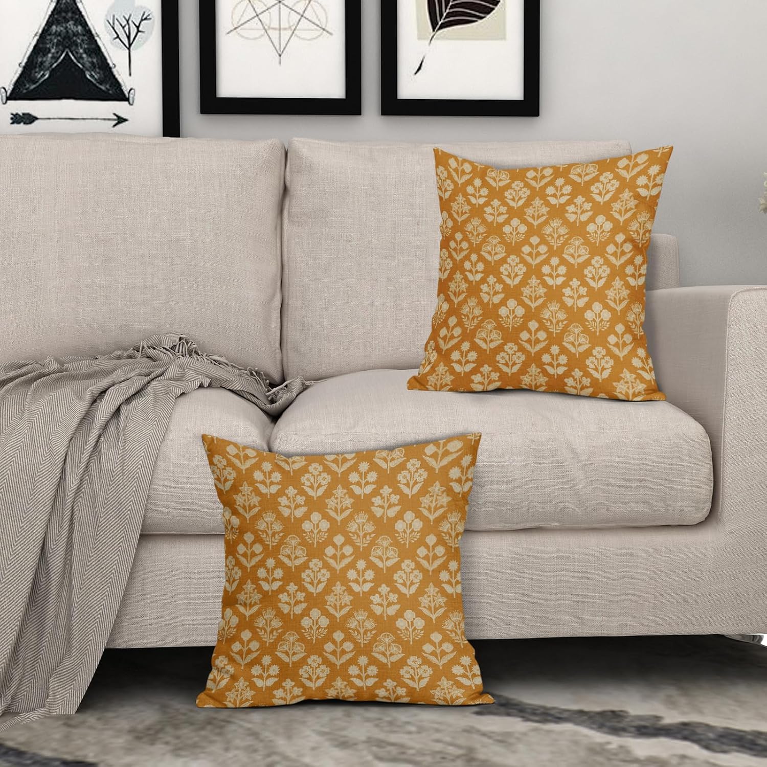 Mustard Yellow Floral Block Print Pillow Covers 18x18 Inch Set of 2, Vintage Flower Pattern Decorative Throw Pillowcases Outdoor…