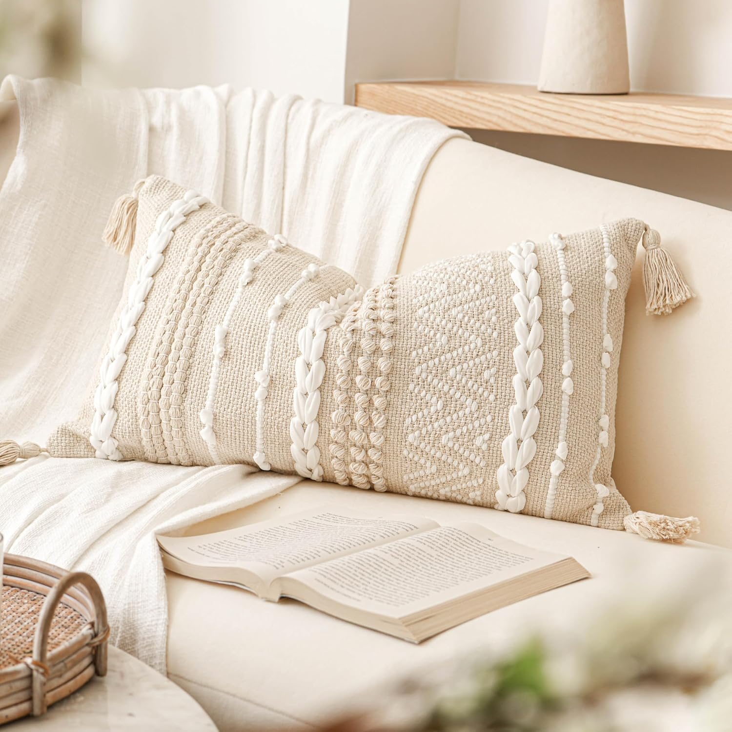 BlissBlush Decorative Lumbar Pillow Cover 14x24, Cream White Boho Accent Throw Pillow Case for Couch Sofa Bed, Modern Farmhouse Textured…