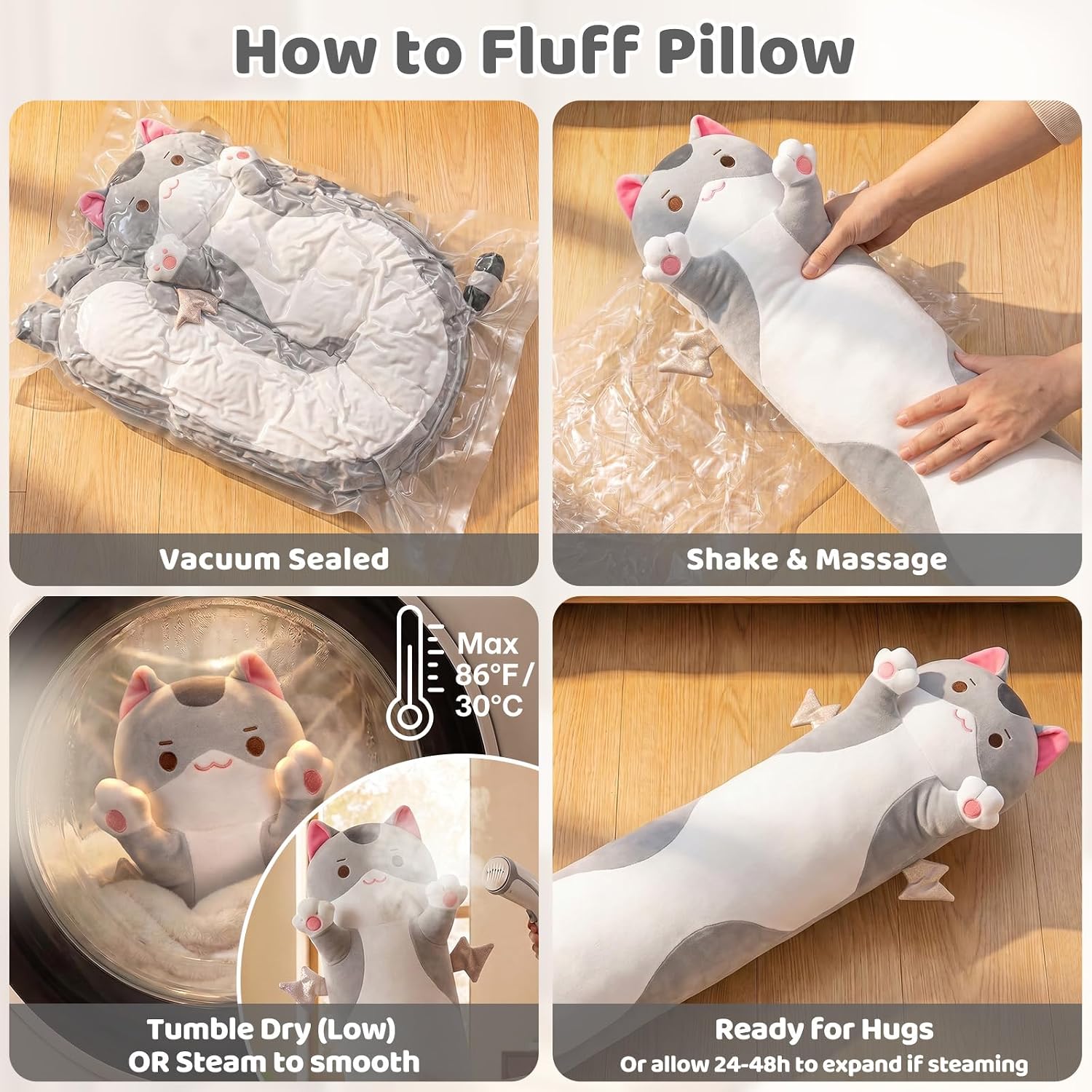 Mewaii Long Cat Plush 5 Sizes, 120% Extra Filling Giant Plushness Kids Body Pillow, Kawaii Cute Grey Cat Stuffed Animals Plushies, Big Long…