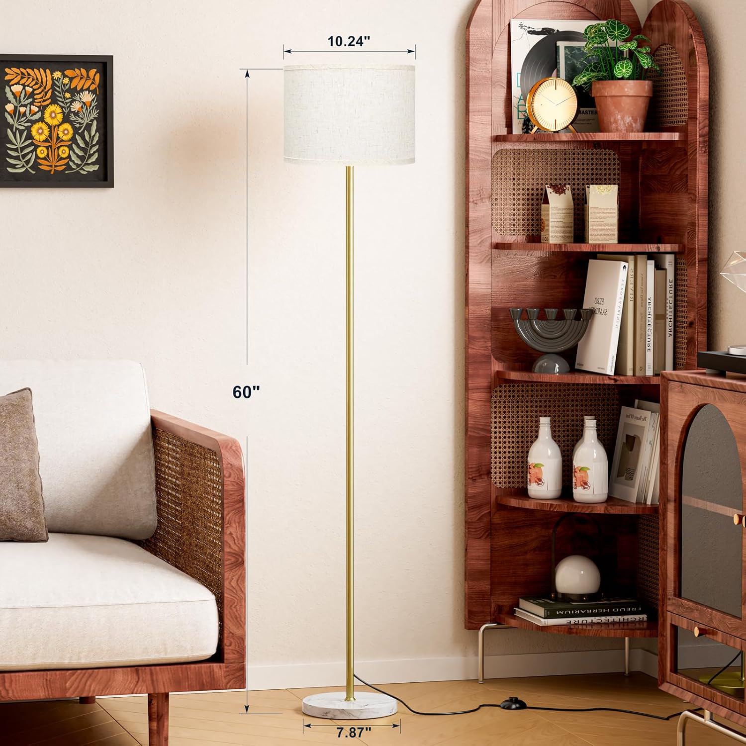 Ambimall 60'' Modern Floor Lamp with Shade, Tall Lamps for Living Room, Bedroom, Office, Dining Room, Gold Standing Lamp with Marble Base(W…