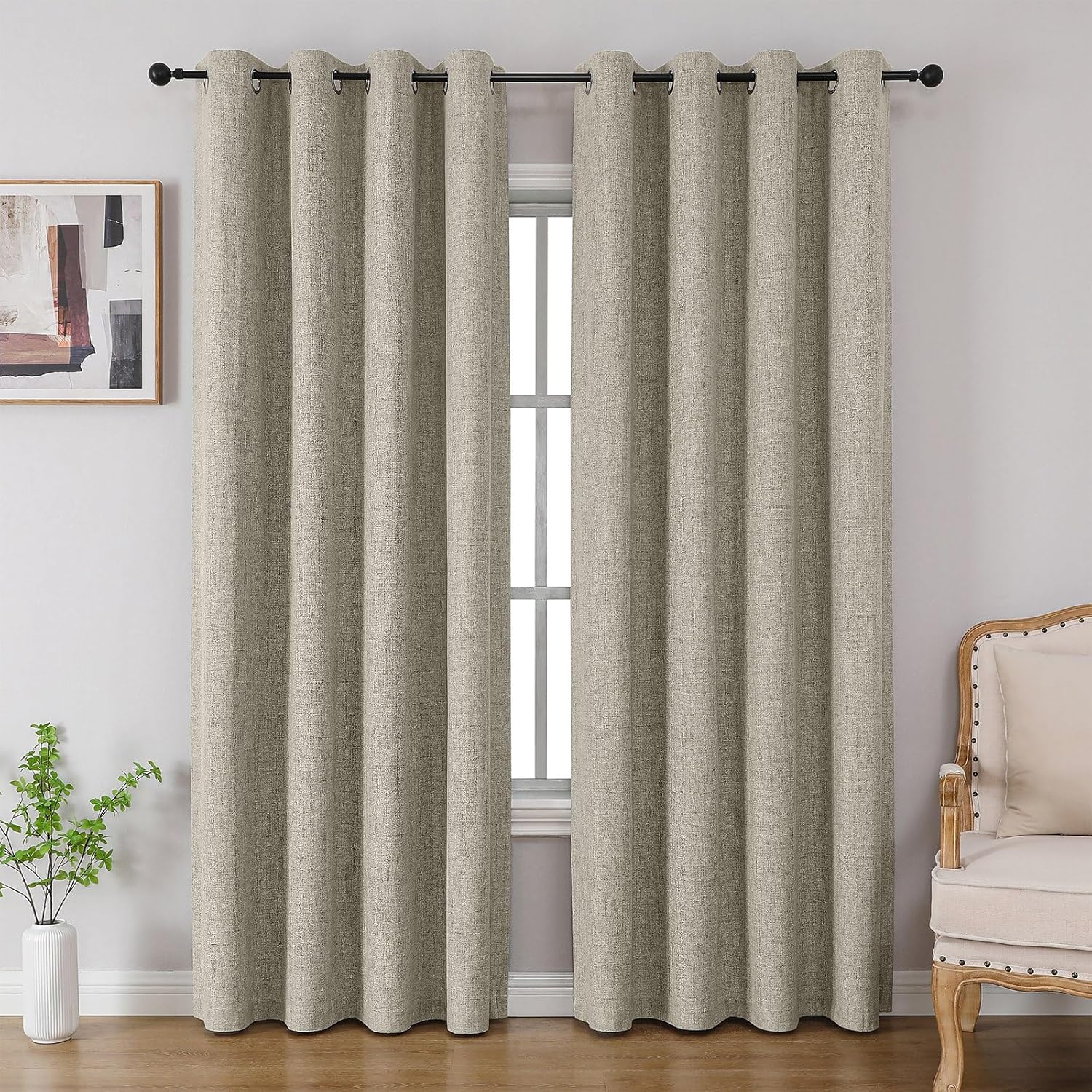 Cucraf 100% Blackout Curtains 54 inches Length 2 Panels Set, Room Darkening Linen Textured Curtain Grommet for Bedroom Living Room, Light B…