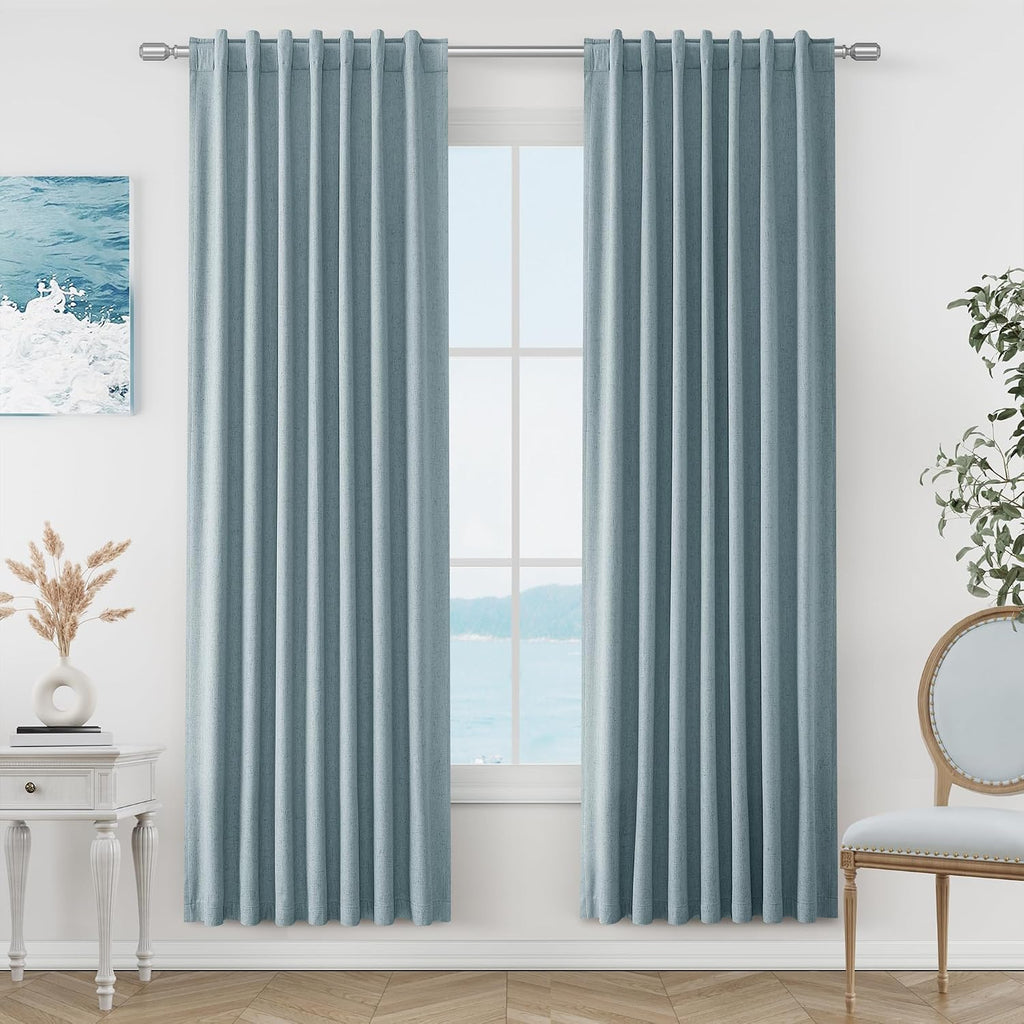 Guken Blue 100% Blackout Linen Curtains 80 Inch Length 2 Panels Set for Living Room Bedroom Back Tab Thermal Insulated Black Out Drapes Roo…