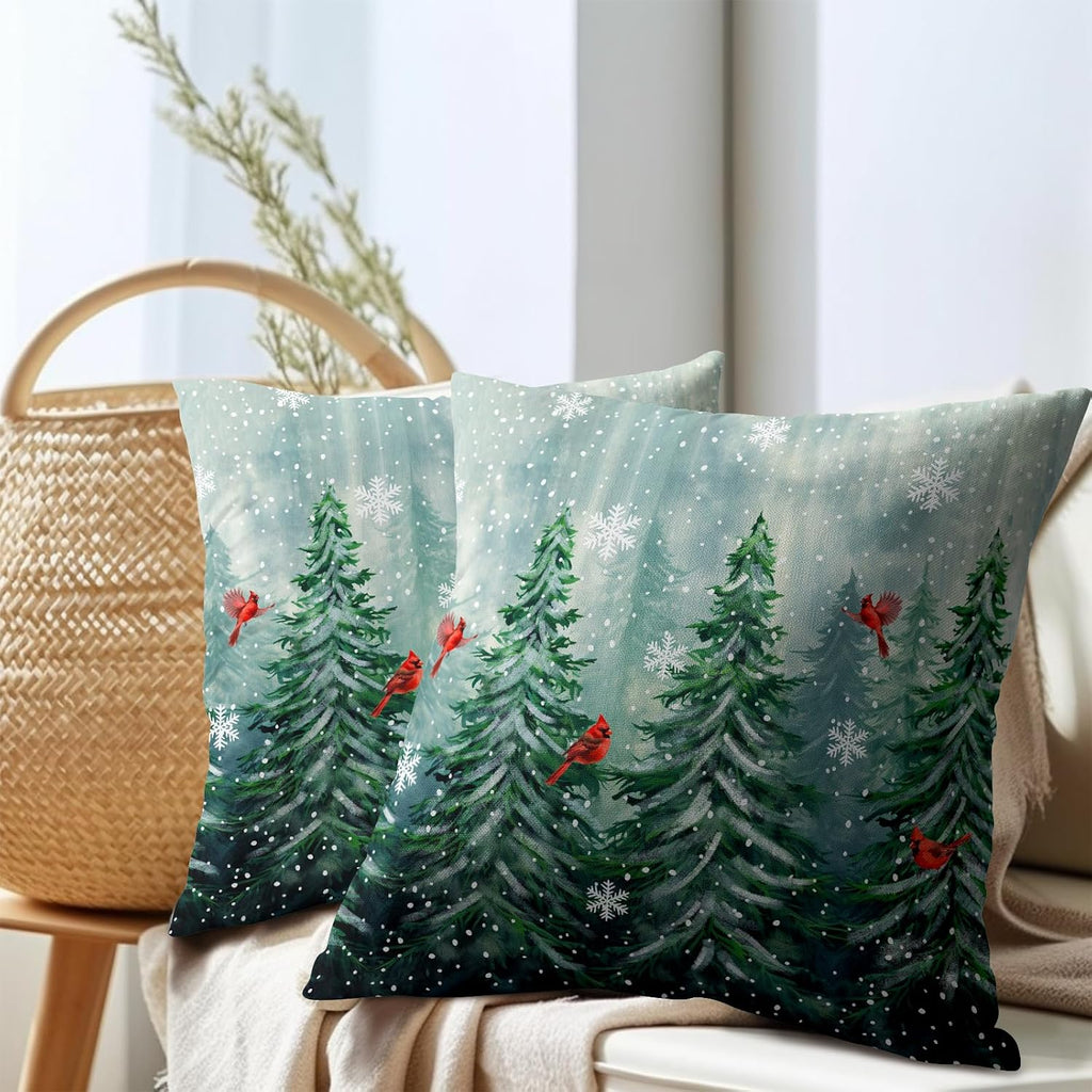 Watercolor Tree Throw Pillow Cover 24x24 inch Set of 2 Christmas Dark Green Trees Pillowcases Winter Red Bird Snowflake Decorative…