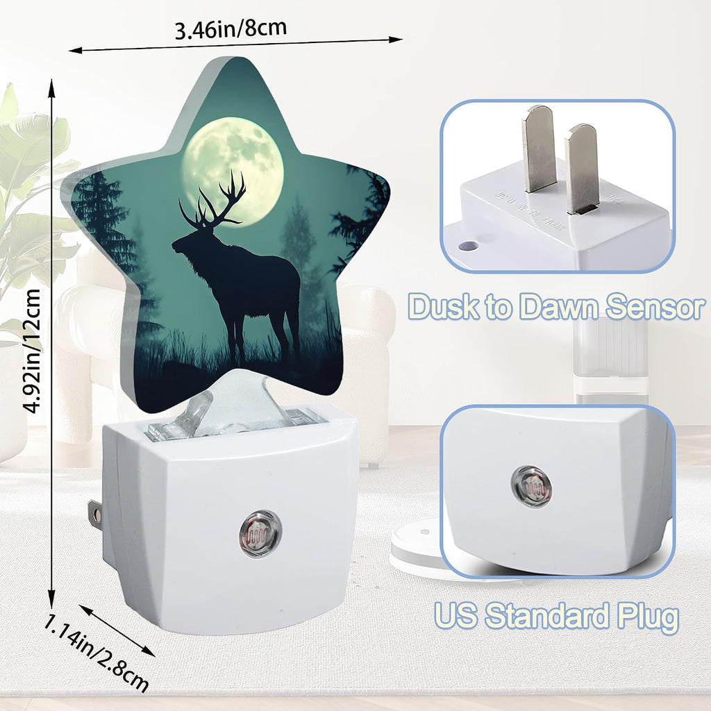 Snowmolle Night Light, Forest Deer Plug into Wall with Dusk to Dawn Light Sensors, Moon Misty Mountains Warm Star Nightlights for Bedroom, Bat…