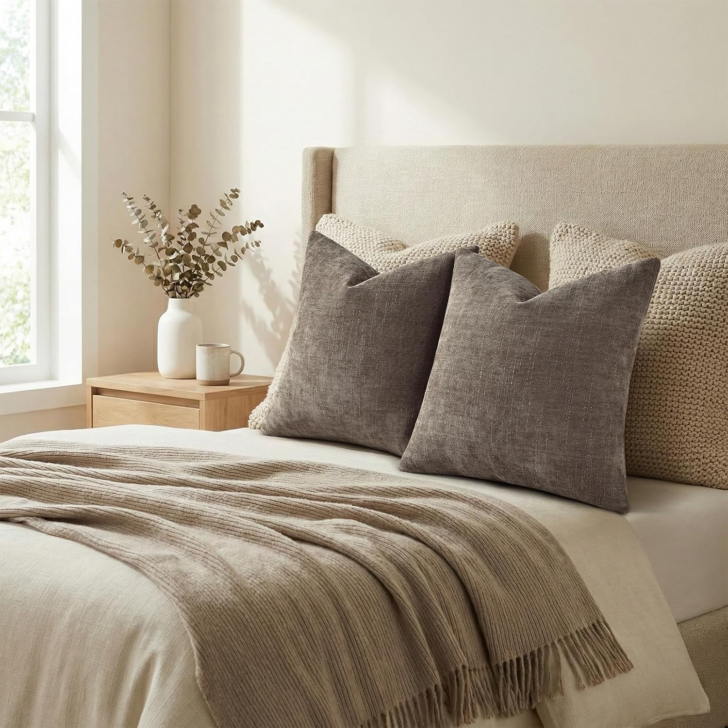decorUhome Chenille Throw Pillow Covers 20x20 Set of 2, Square Decorative Pillow Covers with Zipper for Couch, Sofa, Living Room, Taupe Grey