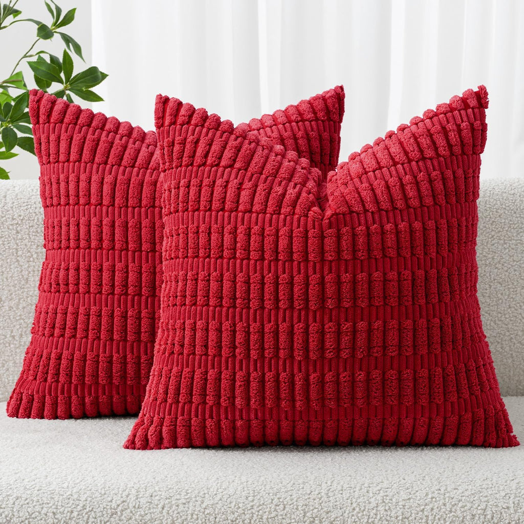 Miulee Pack of 2 Red Corduroy Decorative Pillow Covers 18x18 Inch Soft Boho Striped Throw Pillow Covers Modern Farmhouse Home Decor for Sof…