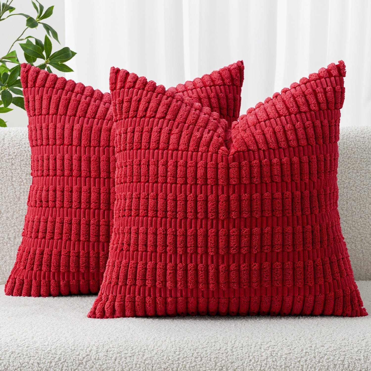 Miulee Pack of 2 Red Corduroy Decorative Pillow Covers 18x18 Inch Soft Boho Striped Throw Pillow Covers Modern Farmhouse Home Decor for Sof…