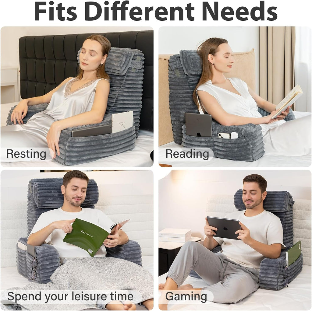 ENITYA 22" XL Back Pillow for Bed Sitting Up, Reading Pillow with Armrests & Big Pockets, Soft Back Support Chair, Ideal for Watching TV…