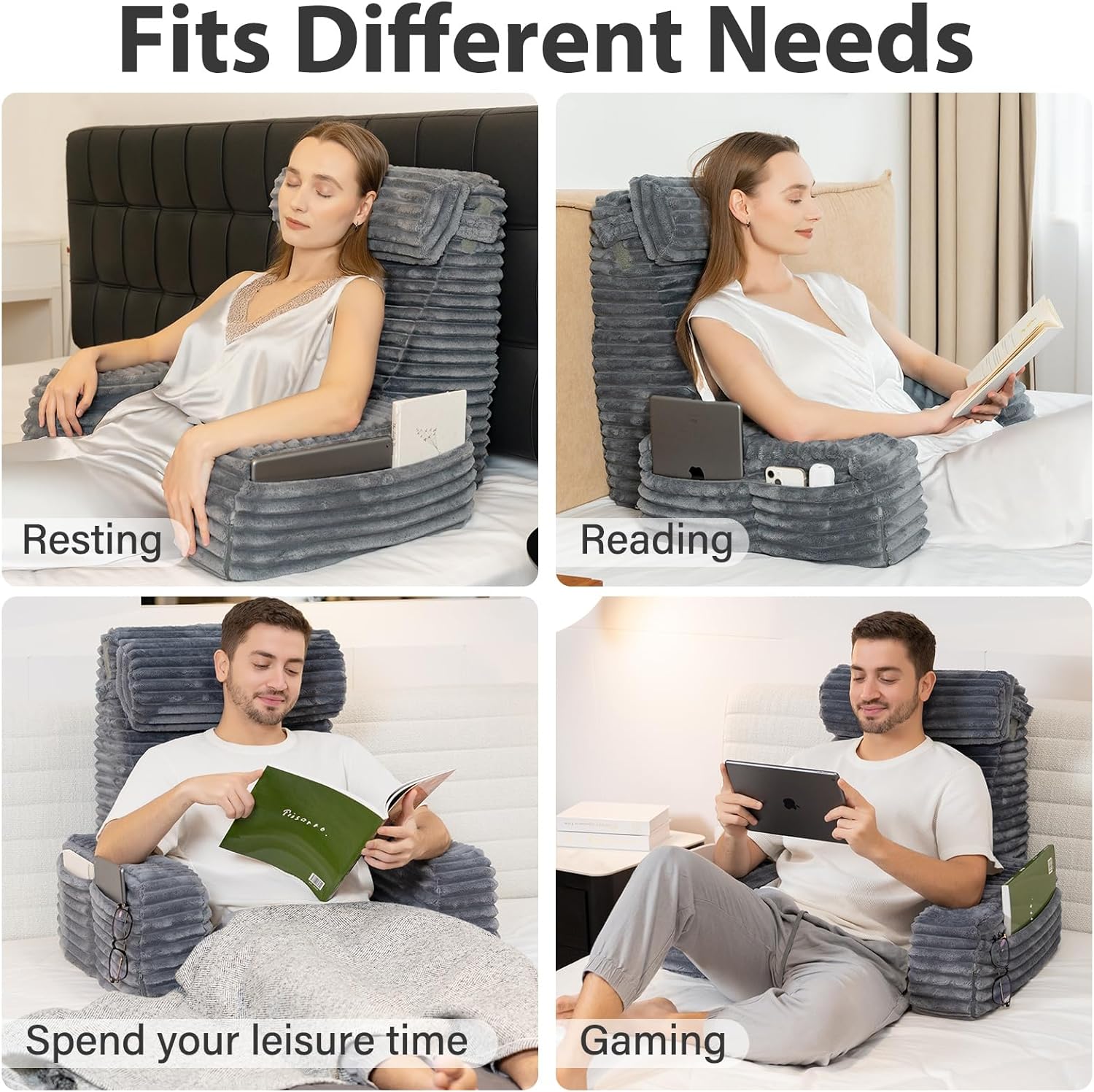 ENITYA 22" XL Back Pillow for Bed Sitting Up, Reading Pillow with Armrests & Big Pockets, Soft Back Support Chair, Ideal for Watching TV…