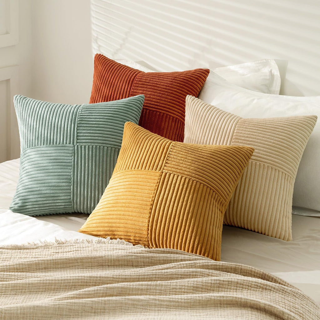 Miulee Teal Orange Decorative Throw Pillow Covers 18x18 Inch Set of 4 Boho Corduroy Striped Cushion Cases Modern Farmhouse Patchwork Pillow…