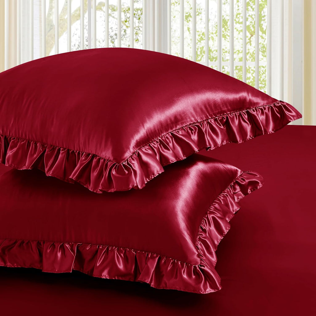 Homiest Ruffle Euro Sham Covers 26x26 Inch Set of 2, Burgundy Satin Pillow Shams with 3 Inch Wide Decorative Ruffled, European Square…