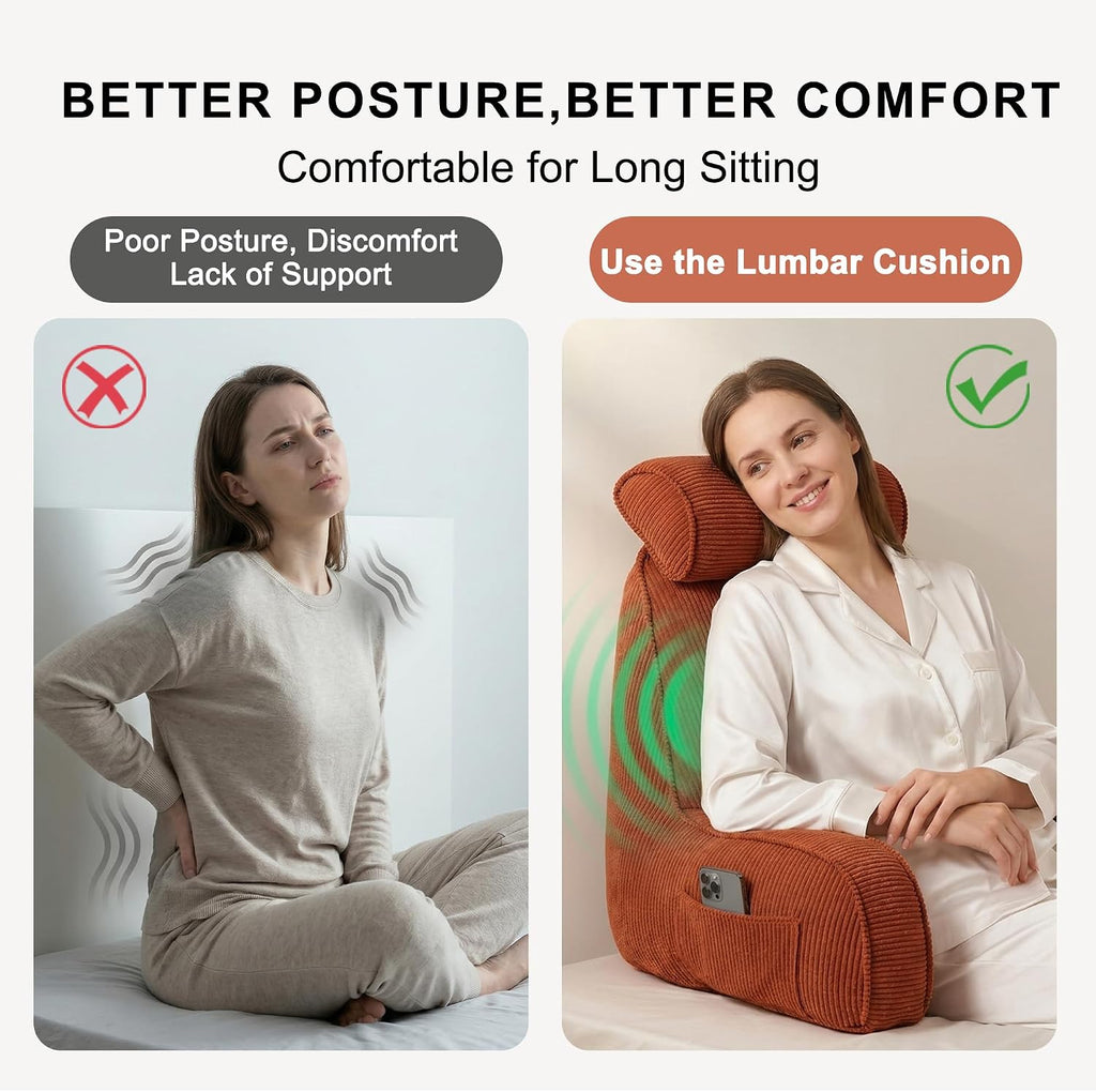 Ailuteie Pillow with Arms for Sitting Up in Bed, Reading Backrest Pillow, Corduroy Back Support Cushion with Side Pockets & Washable Cover,…