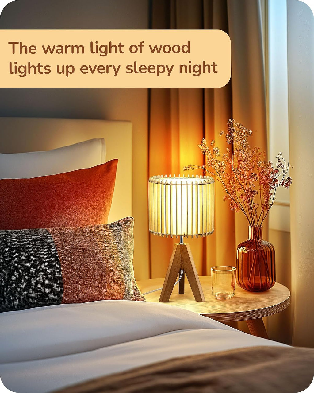 Edishine 14.17" Small Table Lamp, Wood Tripod Bedside Lamp, Natural Wood-Colored Hollow & White PVC Shade, E26 Base, Boho Nightstand Lamp f…
