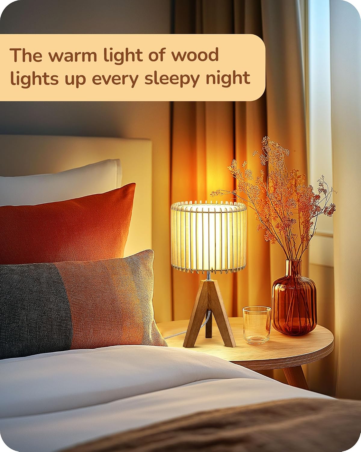 Edishine 14.17" Small Table Lamp, Wood Tripod Bedside Lamp, Natural Wood-Colored Hollow & White PVC Shade, E26 Base, Boho Nightstand Lamp f…