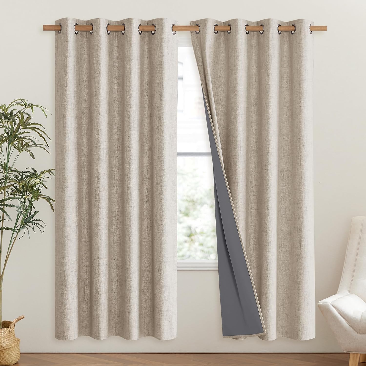 NICETOWN Oatmeal Bedroom Full Blackout Linen Curtain Panels Set of 2, 52" by 72", Thick Insulated Classic Grommet Blackout Draperies with…