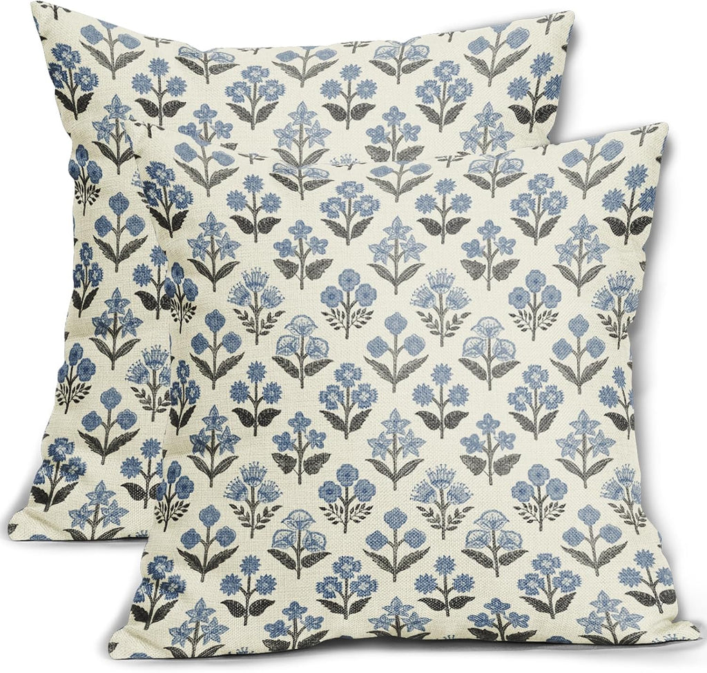 Black Blue Floral Block Print Pillow Covers 16x16 Inch Set of 2, Vintage Flower Pattern Spring Summer Decorative Throw Pillowcases…