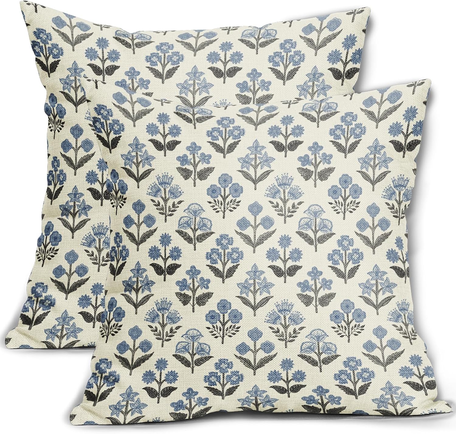 Black Blue Floral Block Print Pillow Covers 16x16 Inch Set of 2, Vintage Flower Pattern Spring Summer Decorative Throw Pillowcases…