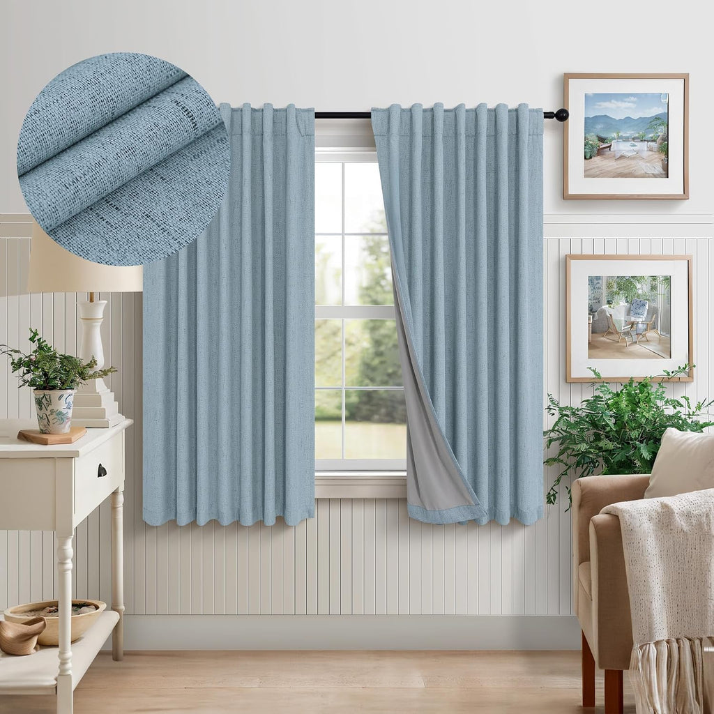 Pitalk Light Blue Room Darkening Curtains for Bedroom Cute 45 Inch Length 2 Panels Cotton Linen Textured Short Blackout Curtains for Small…