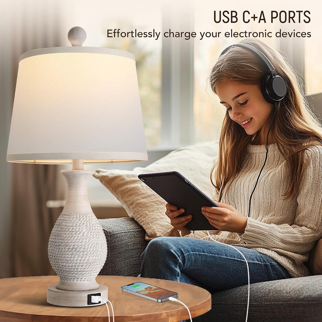 PARTPHONER Traditional Table Lamps Set of 2, Bedside Touch Lamp with USB C+A Charging Ports, Rustic Farmhouse Table Lamps for Living Room…