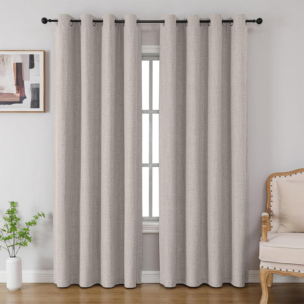 Cucraf 100% Blackout Curtains 96 inches Length 2 Panels Set, Room Darkening Linen Textured Curtain Grommet for Bedroom Living Room, Light B…
